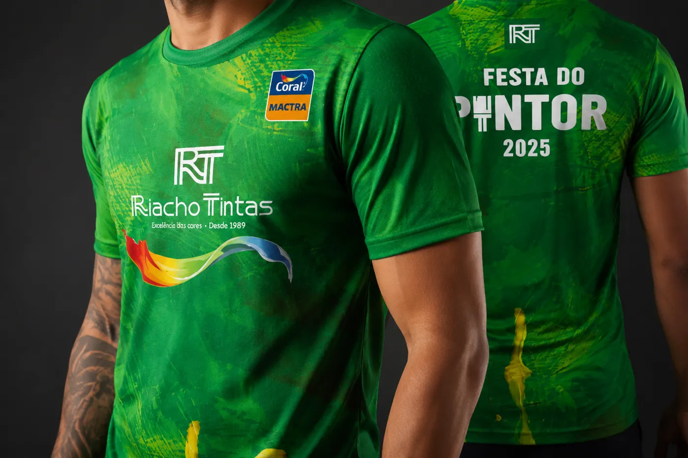 Camiseta verde sublimada da Festa do Pintor 2025, frente e costas