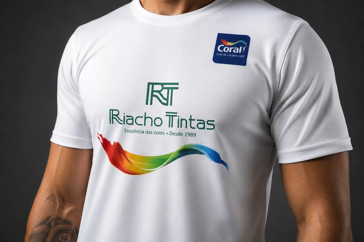 Camiseta branca com logo da Riacho Tintas e faixa de cores