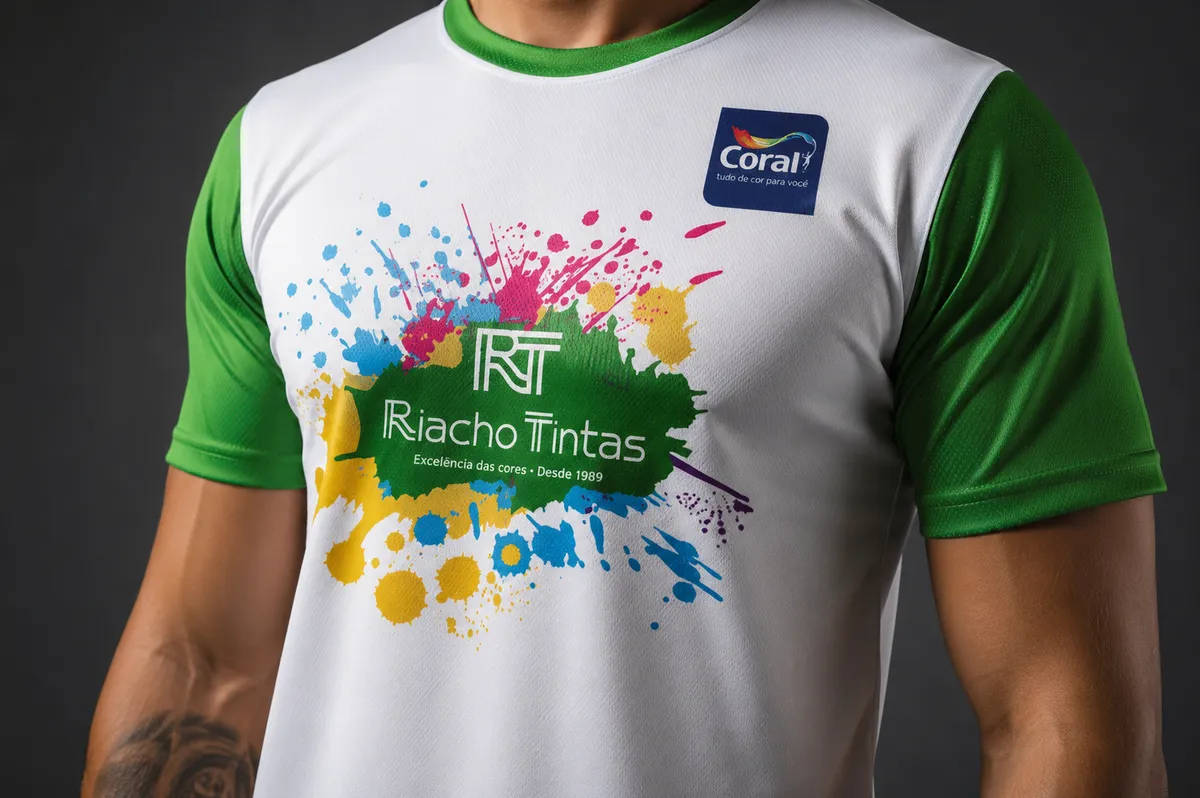 Camiseta branca com mangas verdes e estampa colorida da Riacho Tintas